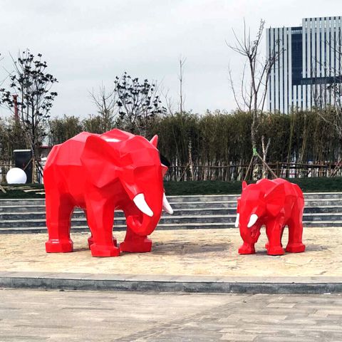 红色几何面玻璃钢大象雕塑-公园、游乐园动物装饰摆件