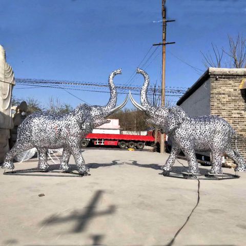 商场门口大象雕塑不锈钢-镂空铁艺网格动物雕塑