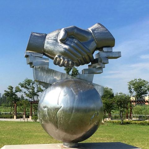 不锈钢握手雕塑-地球、书、握手公园景观诚信雕塑