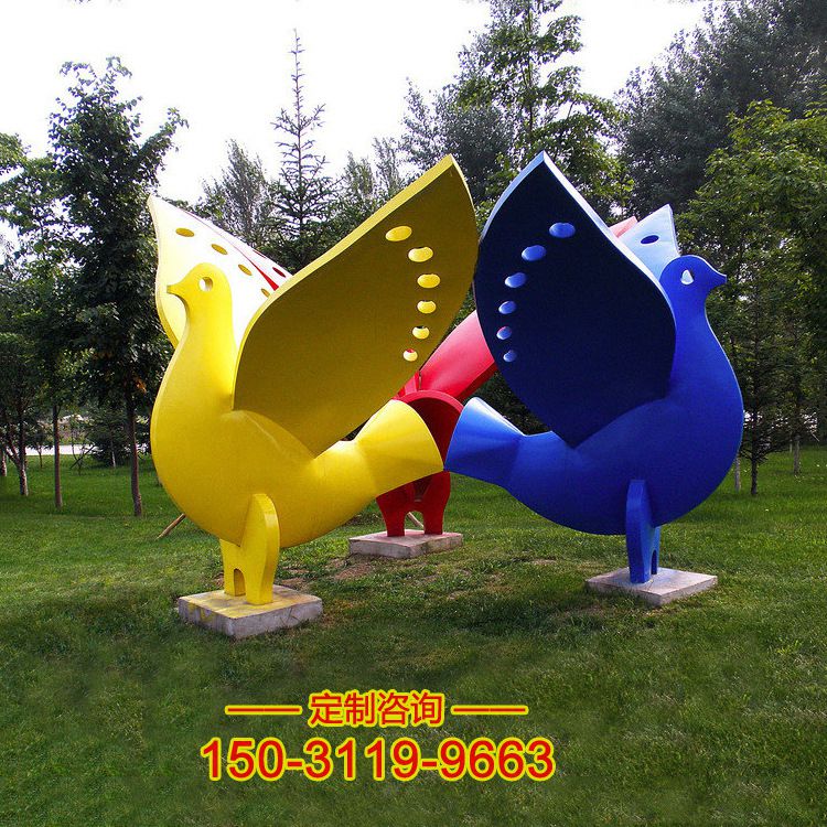 公园鸽子雕塑-不锈钢彩绘动物鸽子雕塑