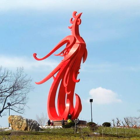 不锈钢大型凤凰雕塑-景区红色抽象动物雕塑