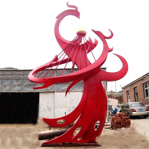 不锈钢凤凰雕塑-红色“龙凤戏珠”抽象动物雕塑