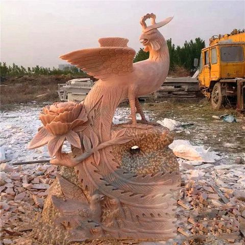 凤凰牡丹石雕-晚霞红神兽动物雕塑