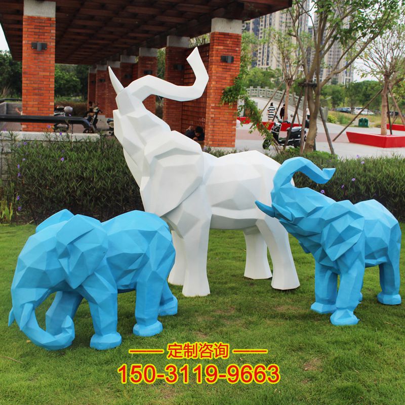 几何面大象雕塑-公园草坪商场动物玻璃钢雕塑摆件