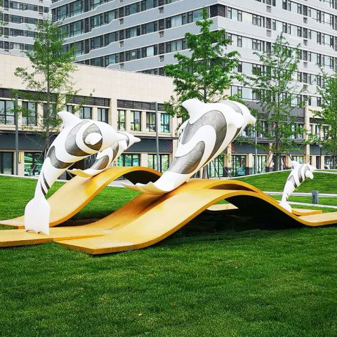 公园海豚雕塑-公园草坪广场玻璃钢海豚海洋动物景观雕塑