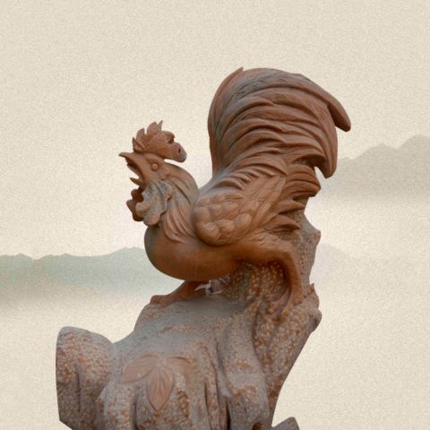 生肖鸡石雕-晚霞红大理石公鸡雕塑