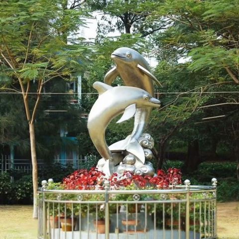 不锈钢海豚雕塑-公园园林拉丝不锈钢海洋动物景观