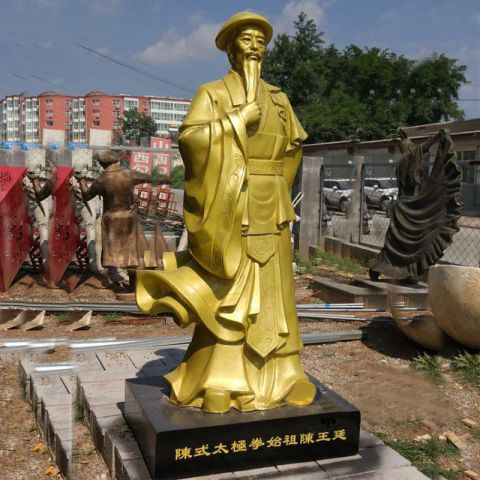 陈氏太极拳始祖陈王廷铜雕像-中国古代功夫人物漆金雕塑