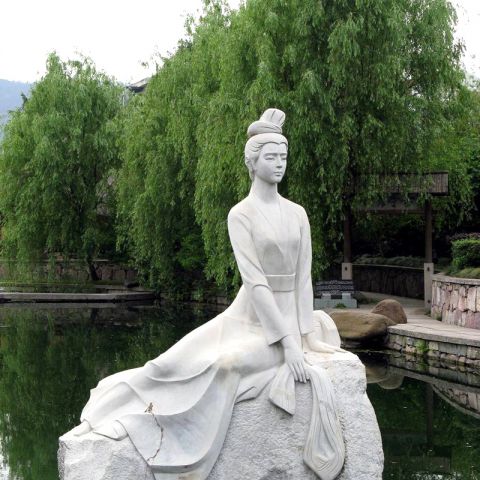西施浣纱石雕像-公园水景历史名人古代美女汉白玉雕塑