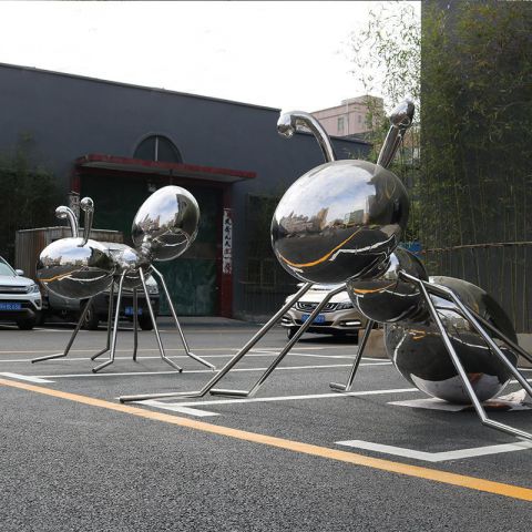 不锈钢镜面蚂蚁雕塑-城市街道景观动物摆件