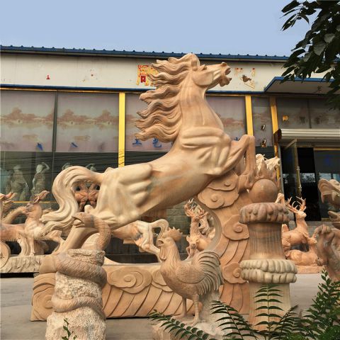 石雕十二生肖马-晚霞红生肖动物雕塑