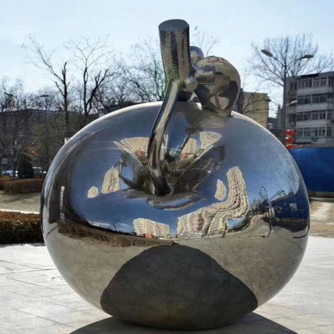 不锈钢苹果雕塑-城市街道镜面大型植物景观雕塑