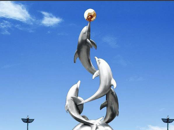 不锈钢顶球海豚广场雕塑图片