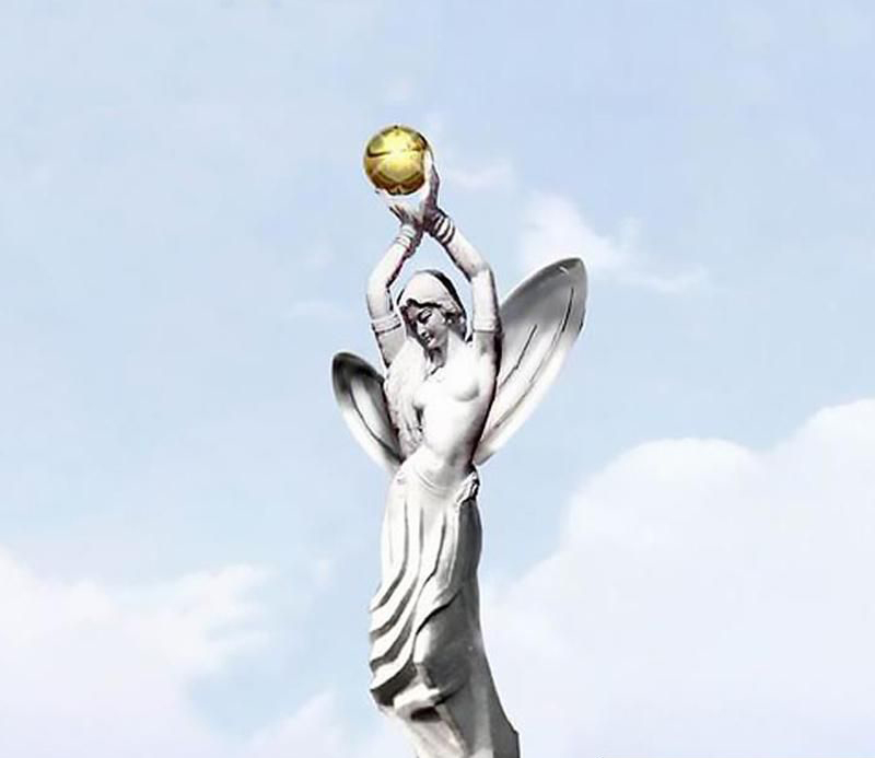 广场不锈钢创意女人双手捧球景观雕塑图片