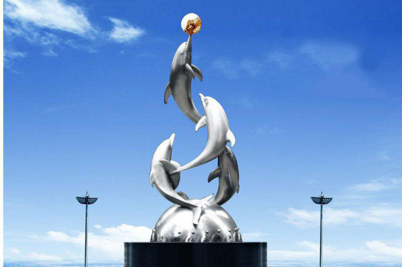 广场不锈钢海豚顶球雕塑图片