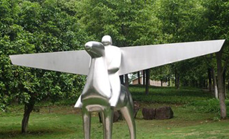 不锈钢抽象骑飞马的人物雕塑图片