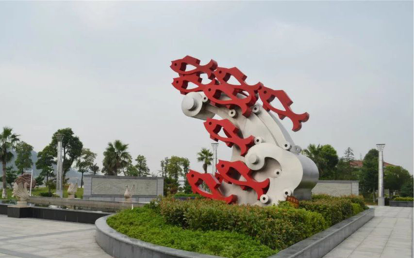 公园不锈钢抽象鱼群雕塑图片