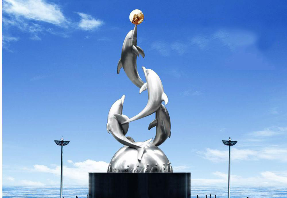 广场不锈钢海豚顶球雕塑图片
