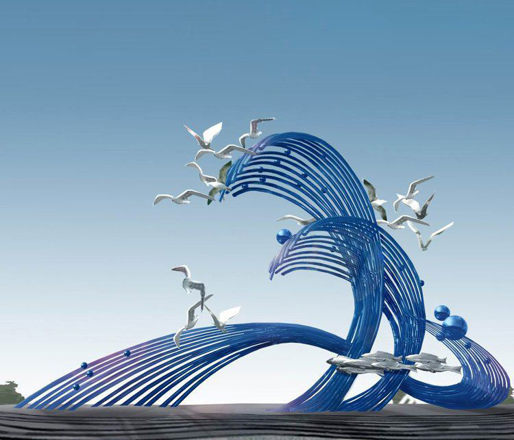 不锈钢抽象海浪海鸥雕塑图片