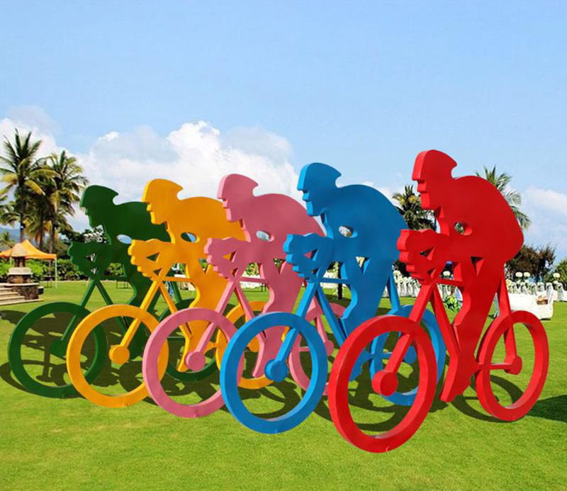 公园不锈钢抽象人物骑自行车雕塑图片