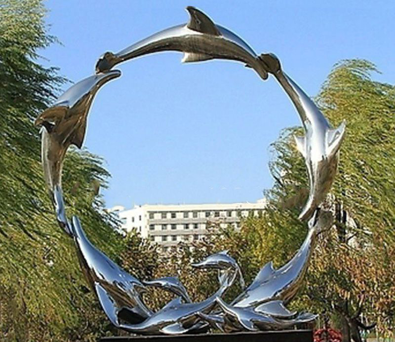 不锈钢景观海豚雕塑图片