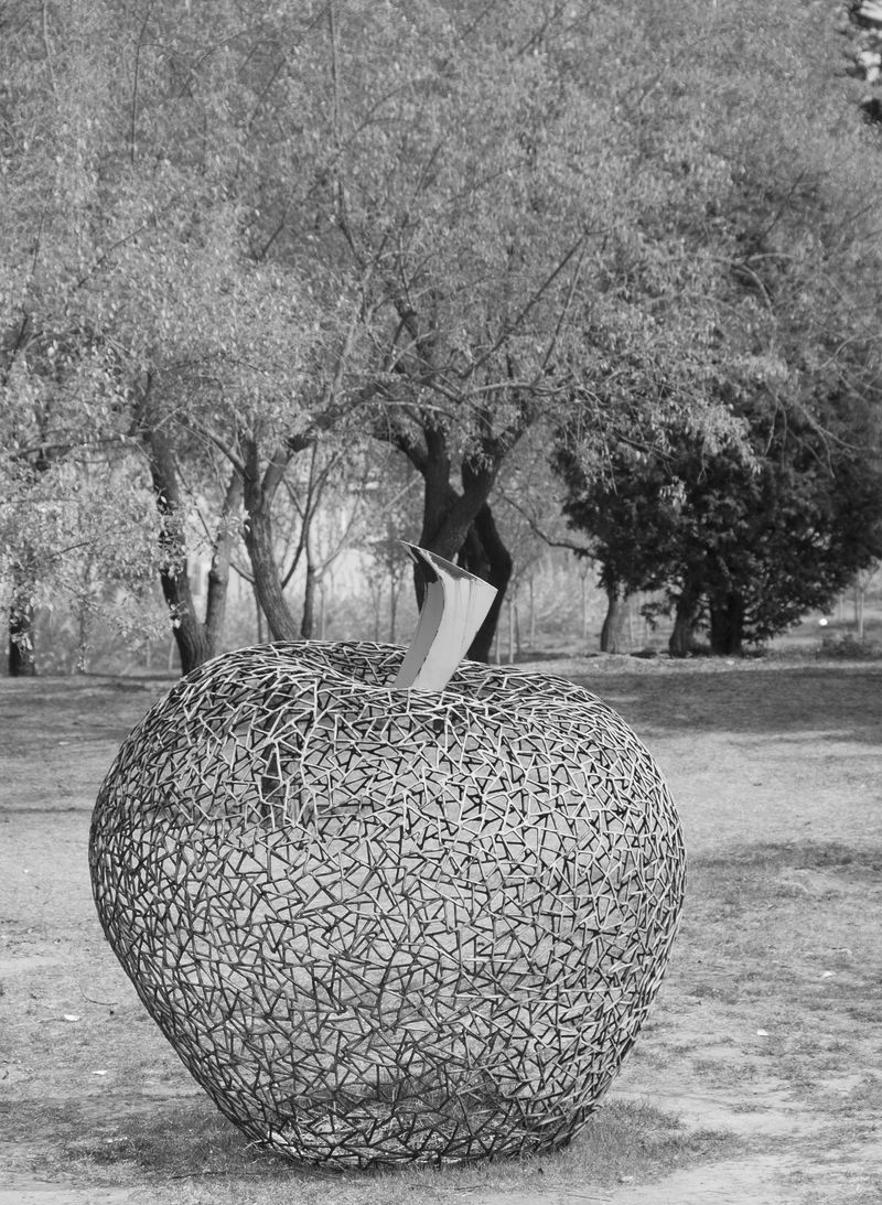 公园不锈钢镂空苹果雕塑图片